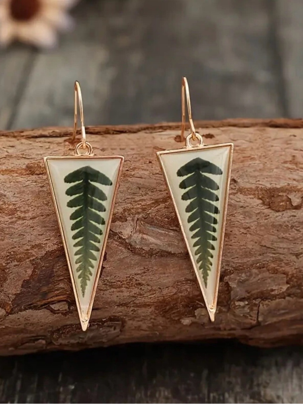 Gold Triangle Fern Drop Earrings in Green and White